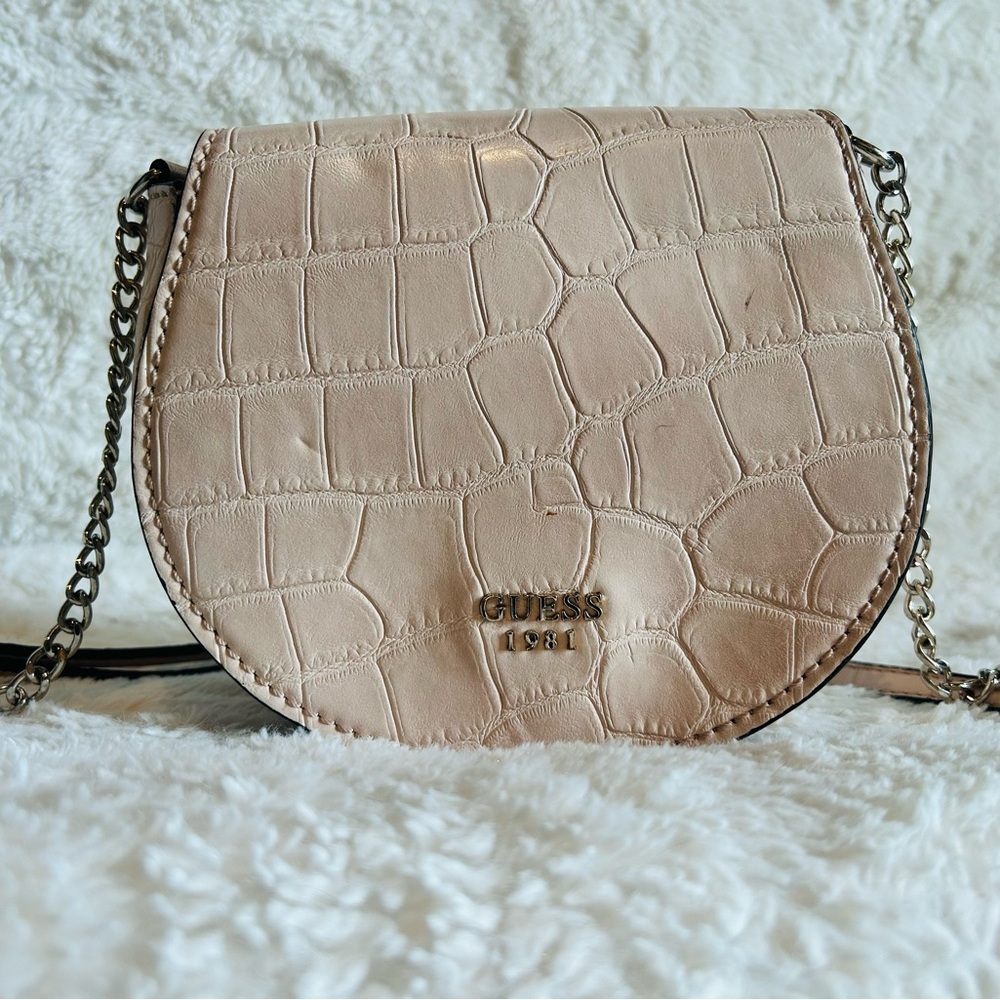 GUESS Light Beige Croc-Embossed Crossbody Bag